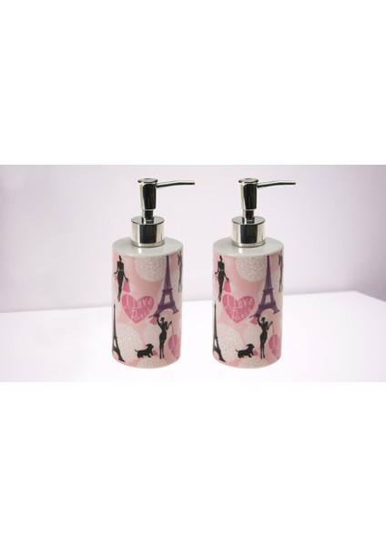 Banyo Seti Seramik Sıvı Sabunluk 2 Adet Kızlı Paris Desenli 7X7X18CM 320ML