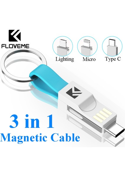 Floveme 3 In 1 USB Kablosu Mikro USB C Tipi Aydınlatma Kablosu iPhone Xr x Samsung 2A Mini Anahtarlık Şarj Cihazı Şarj Kabloları (Yurt Dışından)