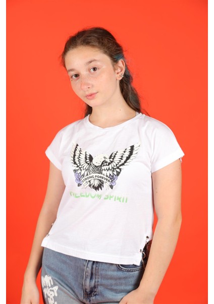 10-14 Yaş Kız Çocuk Kartal Baskılı Zincir Detaylı Beyaz Renk T-Shirt