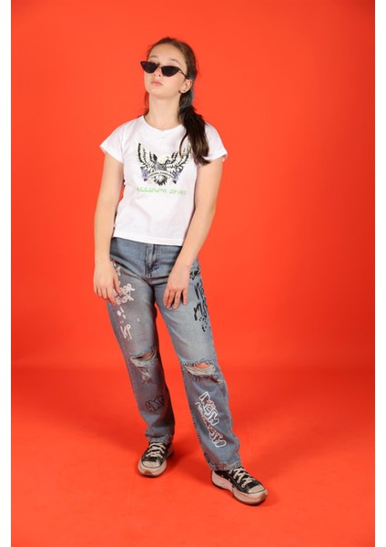 10-14 Yaş Kız Çocuk Kartal Baskılı Zincir Detaylı Beyaz Renk T-Shirt indirimleri