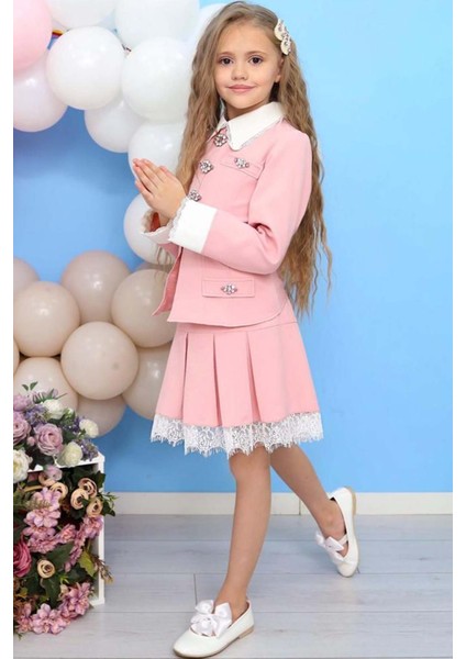 Kız Çocuk Bebe Yaka Taş Düğme Detaylı Güpür Işlemeli Pembe Etekli Takım