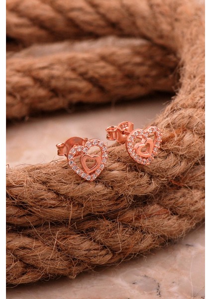 Çift Kalp Mini Rose Gümüş Küpe 6811