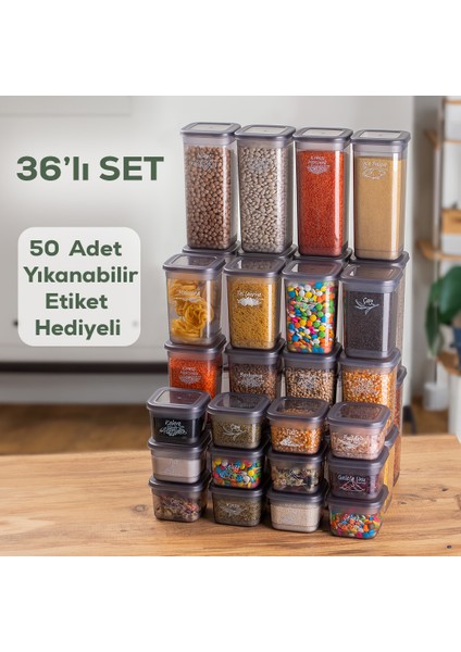 433-GR-6 36 Lı Kare Etiketli Gıda Erzak Baharat Saklama Kabı Seti 12X(0.60+1.30+1.90) Lt Gri