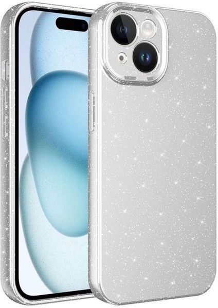 iPhone 15 Plus Kılıf Kamera Korumalı Simli Parıltılı Lüks Silikon