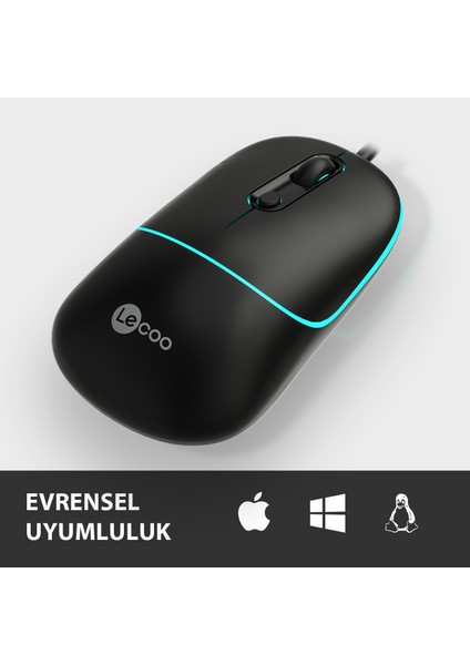 Lenovo Lecoo MS110 USB Kablolu RGB 2400DPI 4 Tuşlu Sessiz Click Optik Mouse Siyah