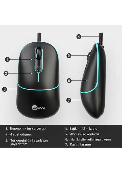 Lenovo Lecoo MS110 USB Kablolu RGB 2400DPI 4 Tuşlu Sessiz Click Optik Mouse Siyah