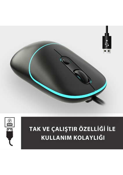 Lenovo Lecoo MS110 USB Kablolu RGB 2400DPI 4 Tuşlu Sessiz Click Optik Mouse Siyah