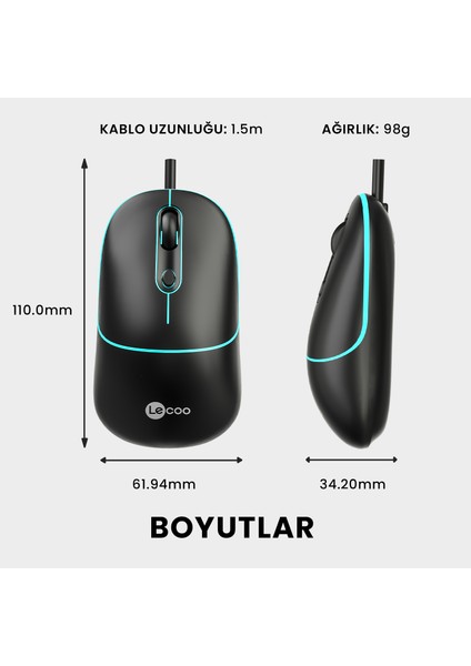 Lenovo Lecoo MS110 USB Kablolu RGB 2400DPI 4 Tuşlu Sessiz Click Optik Mouse Siyah