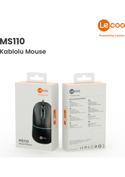 Lenovo Lecoo MS110 USB Kablolu RGB 2400DPI 4 Tuşlu Sessiz Click Optik Mouse Siyah