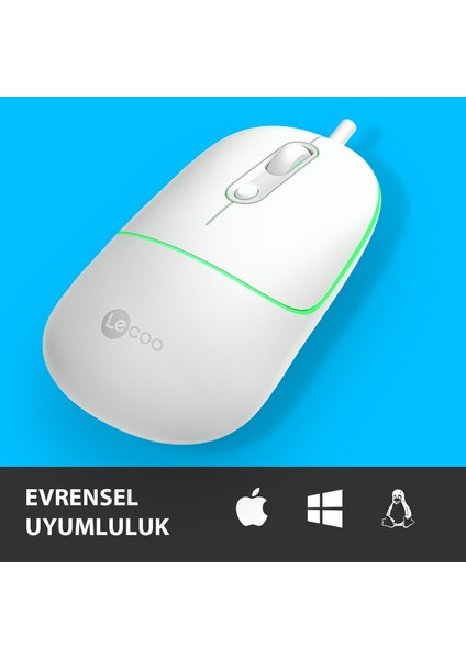 Lenovo Lecoo MS110 USB Kablolu RGB 2400DPI 4 Tuşlu Sessiz Click Optik Mouse Beyaz