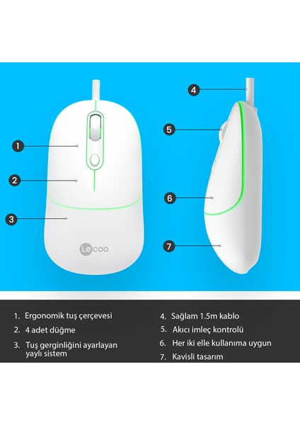 Lenovo Lecoo MS110 USB Kablolu RGB 2400DPI 4 Tuşlu Sessiz Click Optik Mouse Beyaz