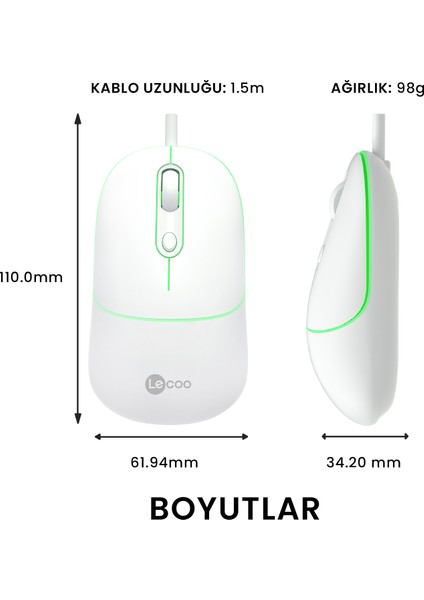 Lenovo Lecoo MS110 USB Kablolu RGB 2400DPI 4 Tuşlu Sessiz Click Optik Mouse Beyaz