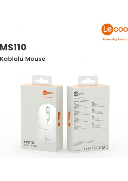 Lenovo Lecoo MS110 USB Kablolu RGB 2400DPI 4 Tuşlu Sessiz Click Optik Mouse Beyaz