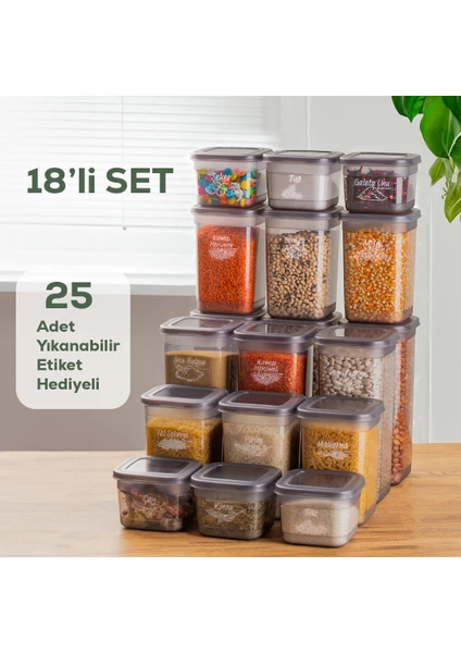 433-GR-6 18 Li Kare Etiketli Gıda Erzak Baharat Saklama Kabı Seti 6x(0.60+1.30+1.90) Lt Gri