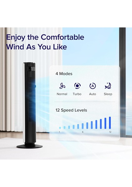 Fan Kulesi 106 Cm, Kule Fanı Sessiz 25 Db, 7,5 M/s'lik Güçlü Hız, Yukarı ve Aşağı 60°, 90°