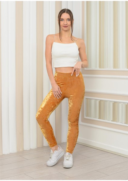 Kadın Janjanlı Kadife Ligralı Tayt Hardal fiyatları