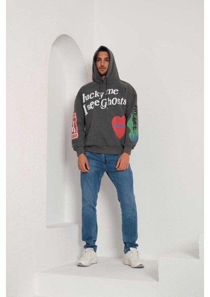 Lucky Me I See Ghosts Kanye Baskılı Kapüşonlu Oversize Sweatshirt