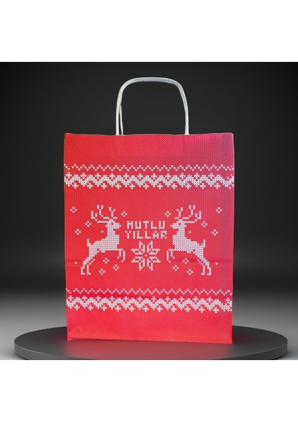 25X12X31 Burgu Saplı Mutlu Yıllar Desenli Kraft Poşet - Çanta 25 Adet