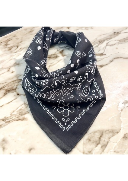 Siyah Renk Içerisi Desenli Etnik Desenli %100 Koton Bandana