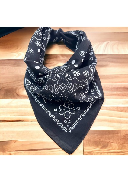 Siyah Renk Içerisi Desenli Etnik Desenli %100 Koton Bandana