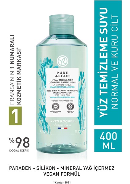 Yves Rocher Normal Ve Kuru Ciltler Için Pure Algue Prebiyotik Miseler Su-400 ml