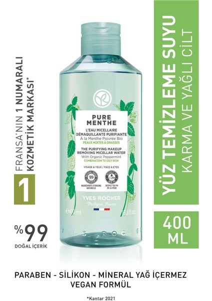 Yves Rocher KarmaYağlı Ciltler Için Pure Menthe Prebiyotik Miseler Su-400 ml