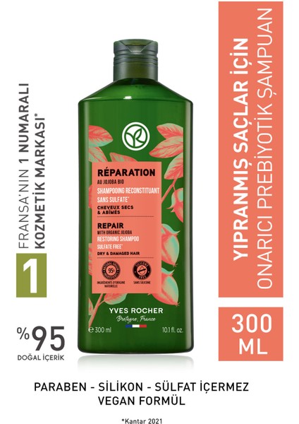 Yves Rocher Yıpranmış Saçlar İçin (Reparation) Onarıcı Prebiyotik Şampuan - Sülfatsız & Tuzsuz & Vegan-300 ml