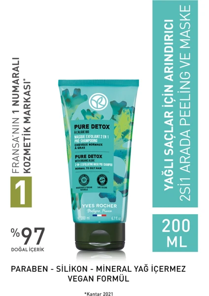 Yves Rocher Yağlı Saçlar Için (PURE DETOX) Arındırıcı 2si1 Arada Peeling Ve Maske - Vegan-200 ml