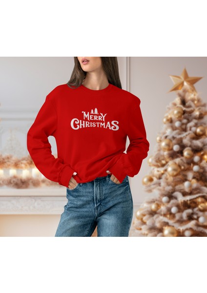 Kadın Kırmızı Oversıze Kalın Içi Polarlı Merry Chrıstmas Yazılı Sweatshırt