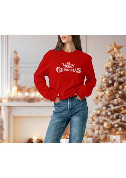 Kadın Kırmızı Oversıze Kalın Içi Polarlı Merry Chrıstmas Yazılı Sweatshırt