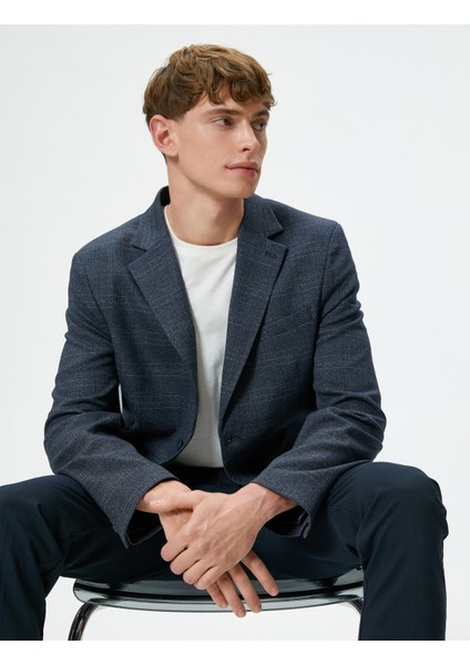 Blazer Ceket Ekoseli Slim Fit Düğmeli Çift Cep Detaylı Mono Yaka