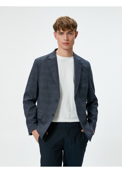 Blazer Ceket Ekoseli Slim Fit Düğmeli Çift Cep Detaylı Mono Yaka