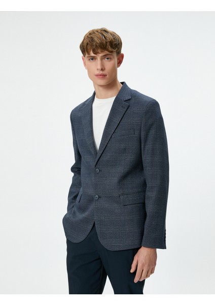 Blazer Ceket Ekoseli Slim Fit Düğmeli Çift Cep Detaylı Mono Yaka