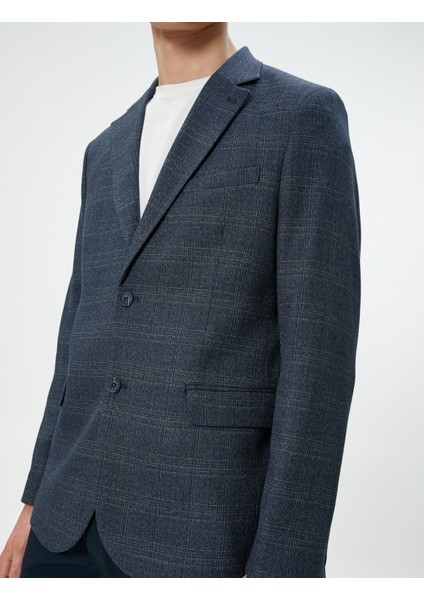 Blazer Ceket Ekoseli Slim Fit Düğmeli Çift Cep Detaylı Mono Yaka