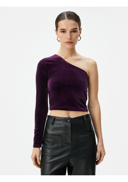 Kadife Tek Omuz Tişört Crop modelleri