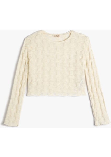 Crop Sweatshirt Dokulu Uzun Kollu Bisiklet Yaka