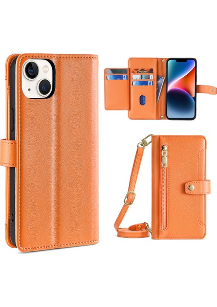 Iphone 14 Için Plus Fermuar Cep Anti-Güz Pu Deri Deri Kılıf Kart Yuvaları Bilek Kayışı ve Omuz Kayışı-Orange ile Flip Telefon Kapağı (Yurt Dışından)