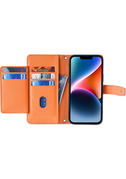 Iphone 14 Için Plus Fermuar Cep Anti-Güz Pu Deri Deri Kılıf Kart Yuvaları Bilek Kayışı ve Omuz Kayışı-Orange ile Flip Telefon Kapağı (Yurt Dışından)