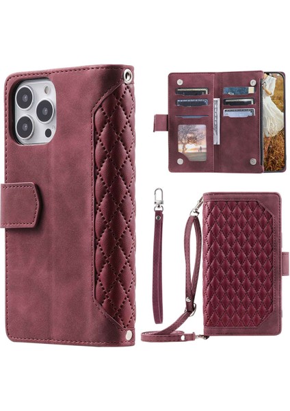 Iphone 14 Pro Max Için 6.7 Inç Damla Geçirmez Telefon Flip Cüzdan Kılıfı Pu Deri Deri Eşdendis Doku Fermuar Cep Anti-Çizgi Cep Telefonu Kapağı Strap-Wine Red ile (Yurt Dışından)