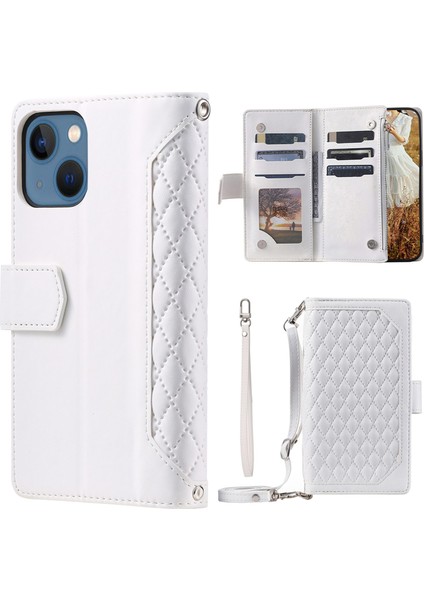 Iphone 14 Için Telefon Cüzdan Kapağı 6.7 Inç Tam Koruma Pu Deri Eşkenar Doku Doku Fermuar Cep Flip Case Standı Kayış Kartı Tutucu-Beyaz (Yurt Dışından)