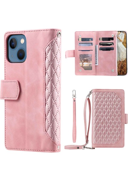 Iphone 14 Için Telefon Cüzdan Kapağı 6.7 Inç Tam Koruma Pu Deri Eşkenar Doku Doku Fermuar Cep Çevirme Çantası Strap Kartı Tutucu-Pembe (Yurt Dışından)