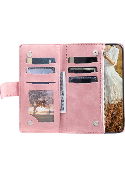 Iphone 14 Için Telefon Cüzdan Kapağı 6.7 Inç Tam Koruma Pu Deri Eşkenar Doku Doku Fermuar Cep Çevirme Çantası Strap Kartı Tutucu-Pembe (Yurt Dışından)