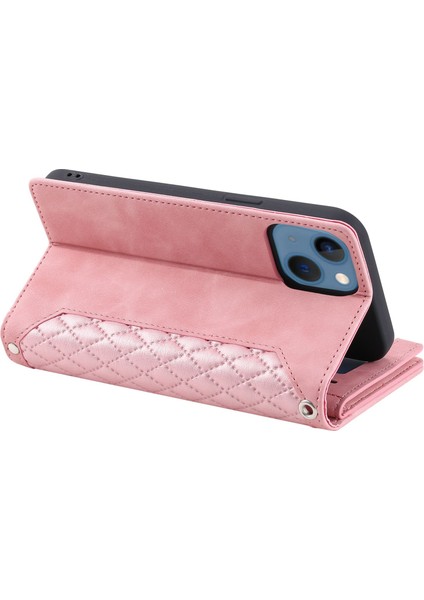 Iphone 14 Için Telefon Cüzdan Kapağı 6.7 Inç Tam Koruma Pu Deri Eşkenar Doku Doku Fermuar Cep Çevirme Çantası Strap Kartı Tutucu-Pembe (Yurt Dışından)