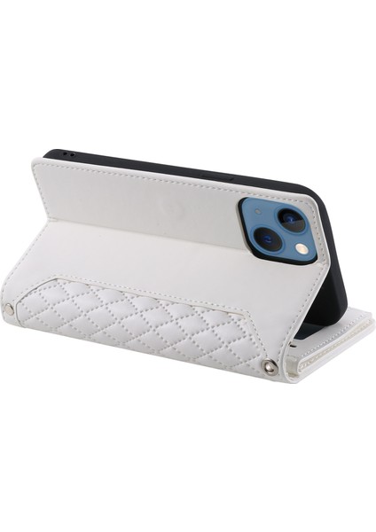 Iphone 14 Için Telefon Cüzdan Kapağı 6.7 Inç Tam Koruma Pu Deri Eşkenar Doku Doku Fermuar Cep Flip Case Standı Kayış Kartı Tutucu-Beyaz (Yurt Dışından)