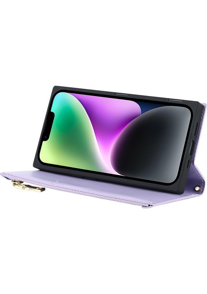 Iphone 14 Için Tam Koruma Eşkenar Dörtgenli Telefon Kasası Stand Pu Deri Fermuar Cep Flip Cüzdan Kapağı Omuz Askılı-Mor ile (Yurt Dışından)
