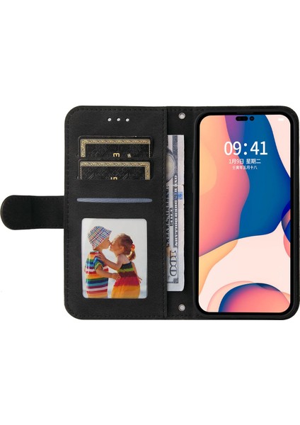 Iphone 14 Pro Max Için Max 6.7 Inç Ağaç Desen Dekoru Dekor Telefon Damla Geçirmez Kılıf Çizgileri Baskılı Pu Deri Deri Touch Cüzdan Stand Kapağı Strap-Black (Yurt Dışından)