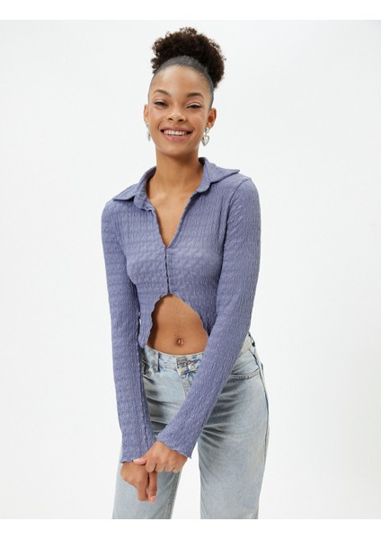 Crop Bluz Asimetrik Kesim Dokulu Slim Fit Uzun Kollu Gömlek Yaka