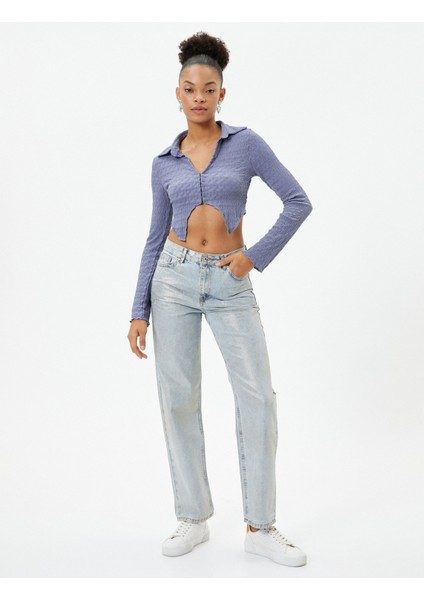 Crop Bluz Asimetrik Kesim Dokulu Slim Fit Uzun Kollu Gömlek Yaka fiyatları