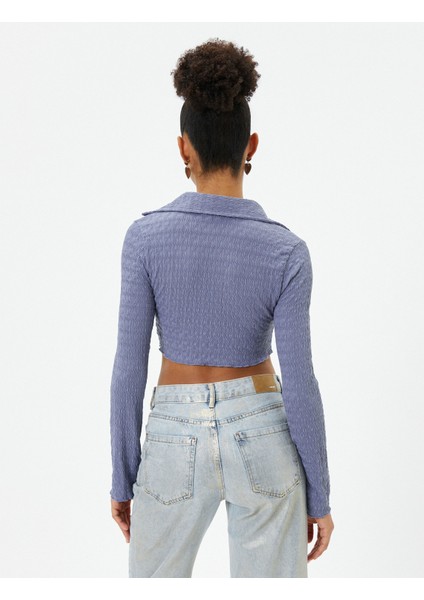 Crop Bluz Asimetrik Kesim Dokulu Slim Fit Uzun Kollu Gömlek Yaka fırsatları