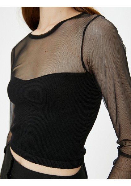 Crop Tişört Uzun Kollu Transparan Tül Detaylı indirimleri